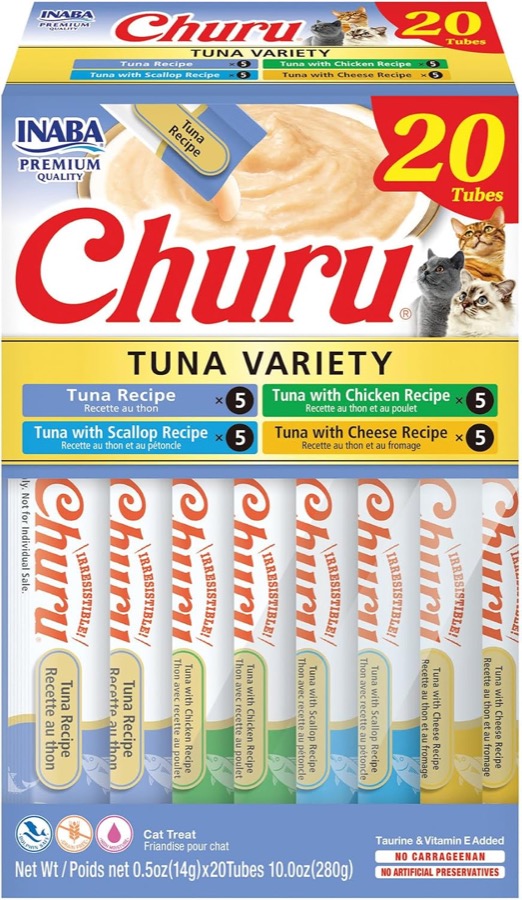 INABA Churu Cat Treats, Lickable, Squeezable Creamy Purée Cat Treat with Green Tea Extract & Taurine, 0.5 Ounces Each Tube, 5