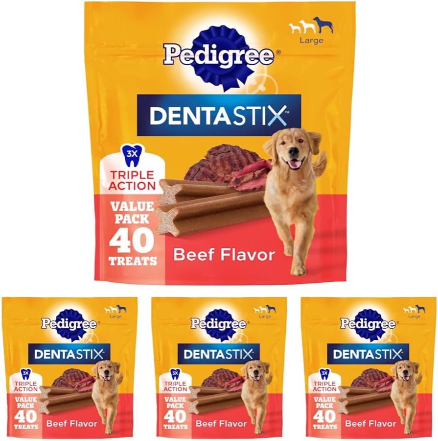 Pedigree Dentastix Large Breed Dental Dog Treats, Fresh, 36 Count | Triple action dental care, reduces tartar, cleans teeth,
