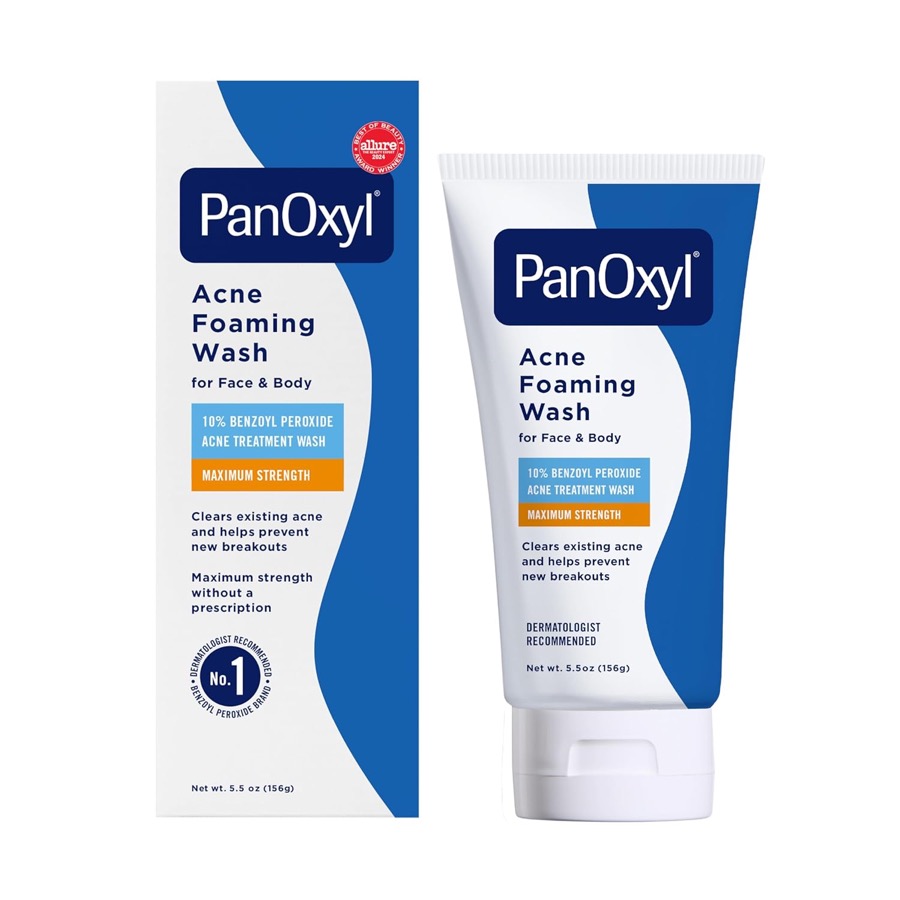PanOxyl 10% Benzoyl Peroxide Acne Foaming Wash, Maximum Strength, Daily Acne-Fighting Face and Body Cleanser, Face Wash to Cl